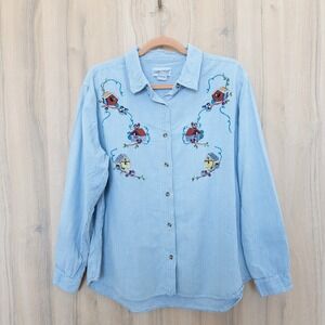 VTG Cabin Creek Womens Embroidered Shirt XL Blue Gingham Bird Cottage Americana